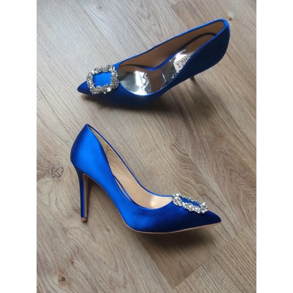 Badgley Mischka Shoes - Badgley Mischka Cher Crystal Embellished Blue Satin Pumps Womens 6.5